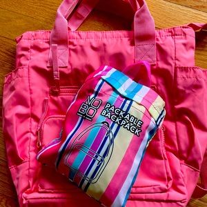 Art Class coral backpack and packable multi colored backpack
